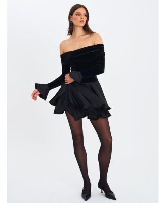 Women Magnolia Black Off-Shoulder Layered Satin Mini Dress