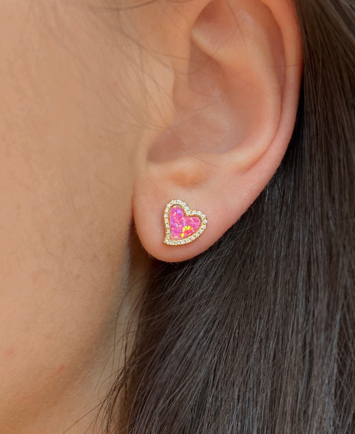 Kamaria Amore Heart Stud Earrings With Lab-grown Opal In 14k Gold Plated Sterling Silver In Pink