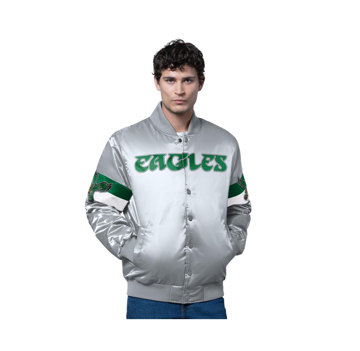 Men's Silver Philadelphia Eagles Triple Option Full-Snap Varsity with Logo Jacket