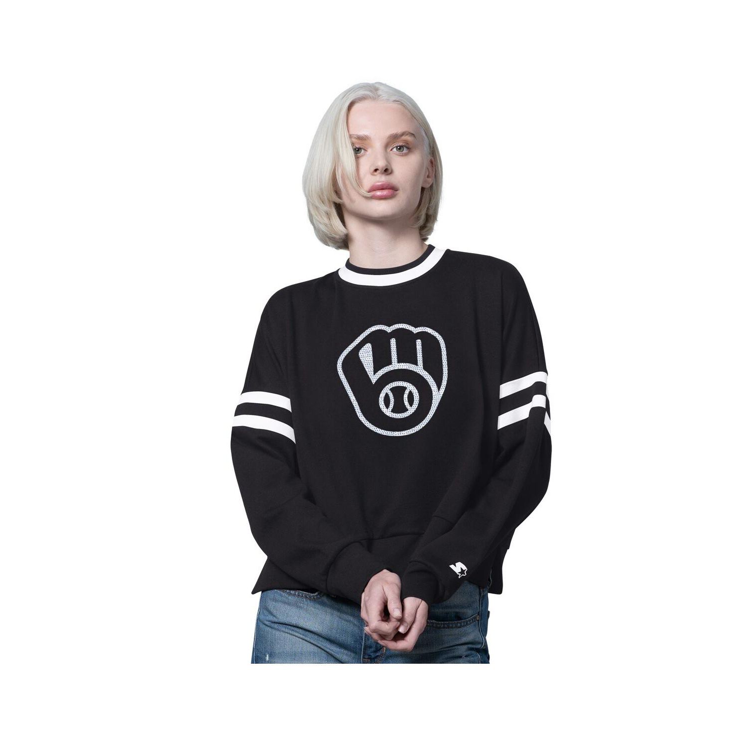 Women's Black Milwaukee Brewers Rally Cropped Drop Shoulder Crewneck Sweatshirt