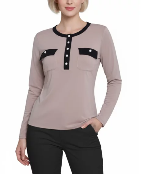 Petite Long Sleeve Contrast Detail Top - Tan Black