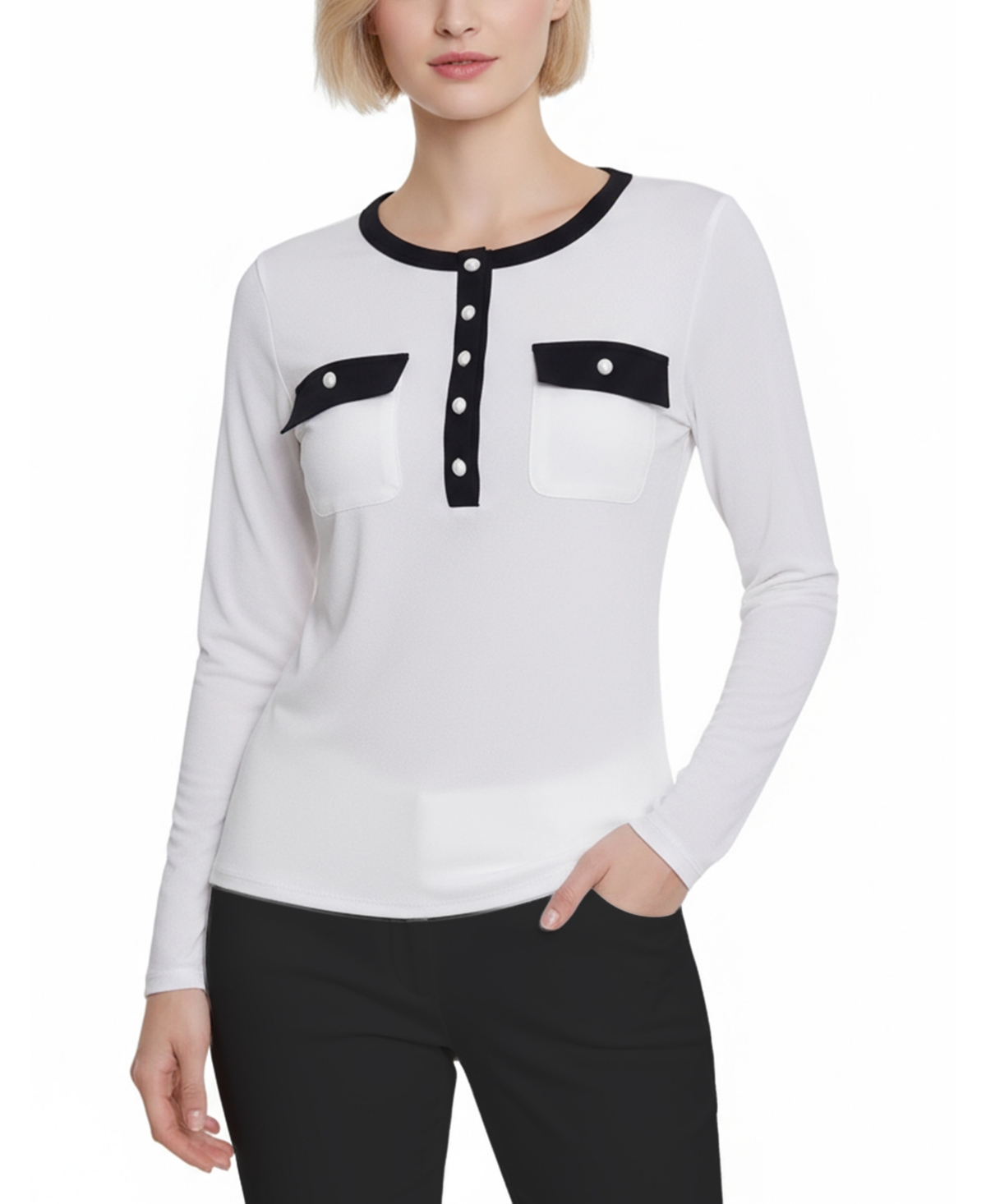 Ny Collection Petite Long Sleeve Contrast Detail Top