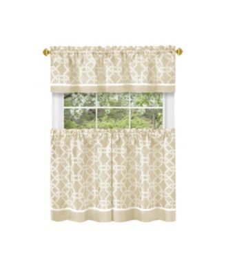 Geometric Crescent 3 Piece Rod Pocket Cafe Kitchen Curtain Tier & Valance Set - 36 in. Long - Taupe