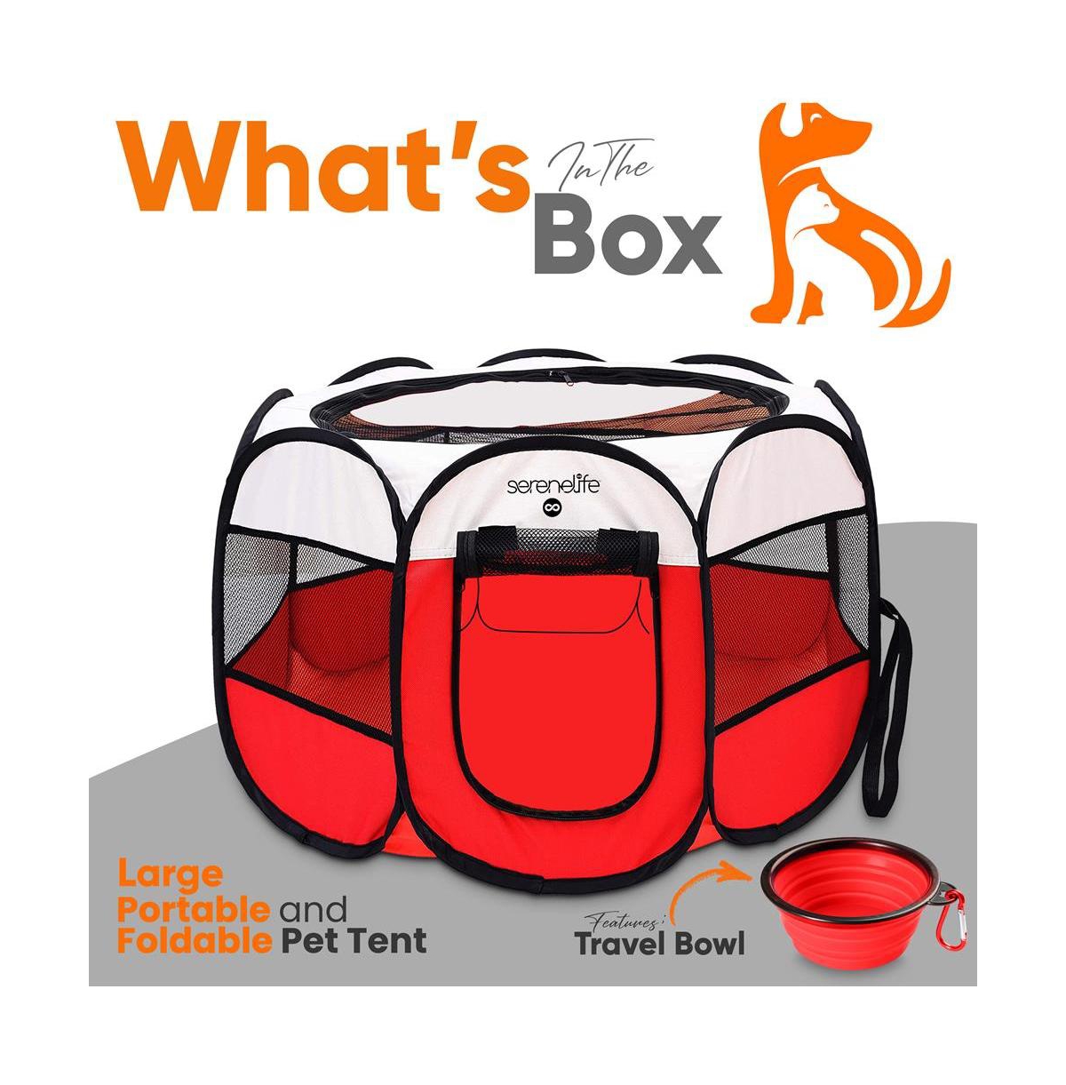 SereneLife Large Portable & Foldable Pet Tent with Travel Bowl, Red