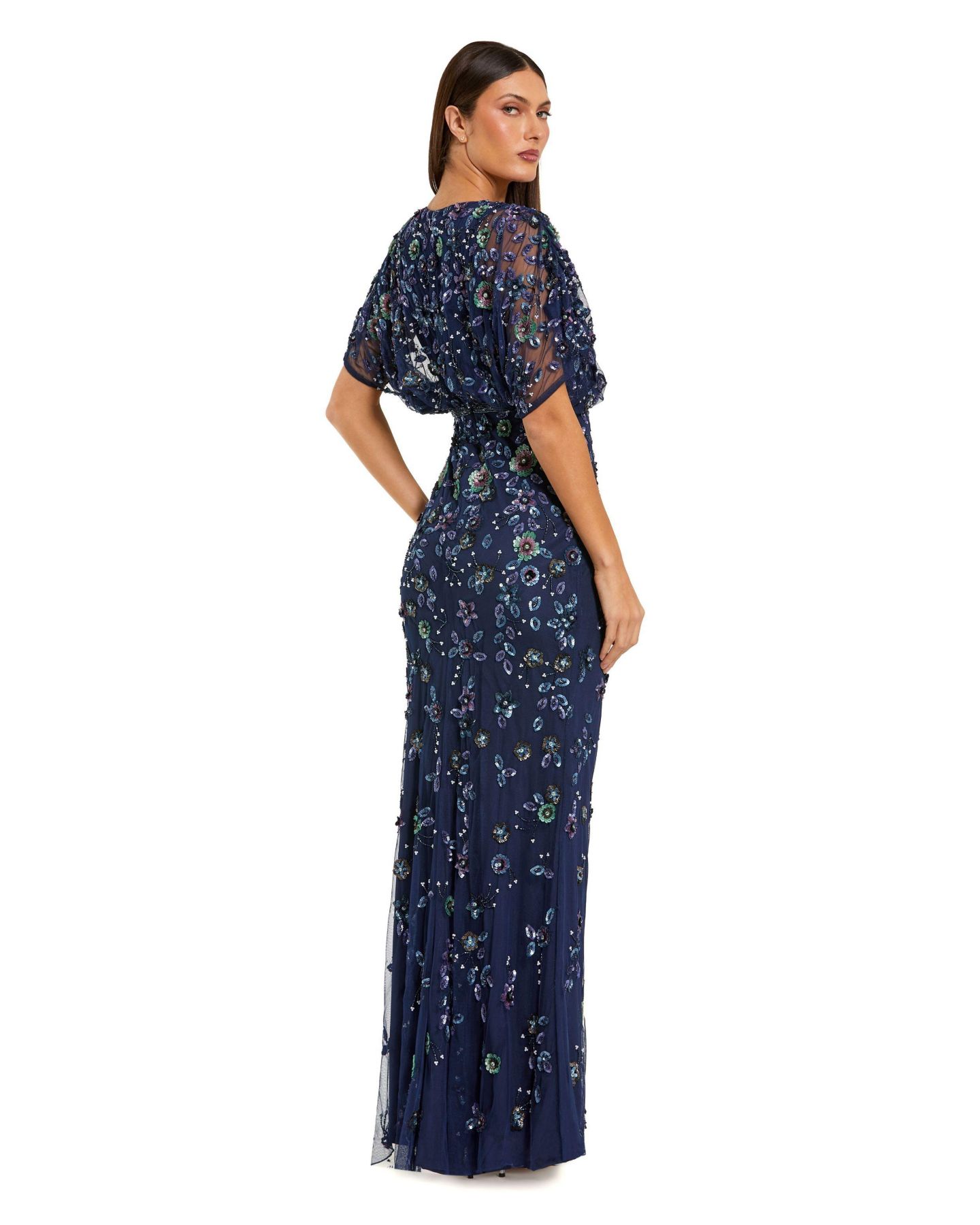 Женское платье Mac Duggal Floral Embellished Short Sleeve Blouson Gown, цвет: Тёмно-синий — фото 3