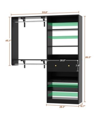 Closet System with Drawer, 5FT Closet Organizer System with 2 Hanging Rods and Adjustable Shelf, Reversible