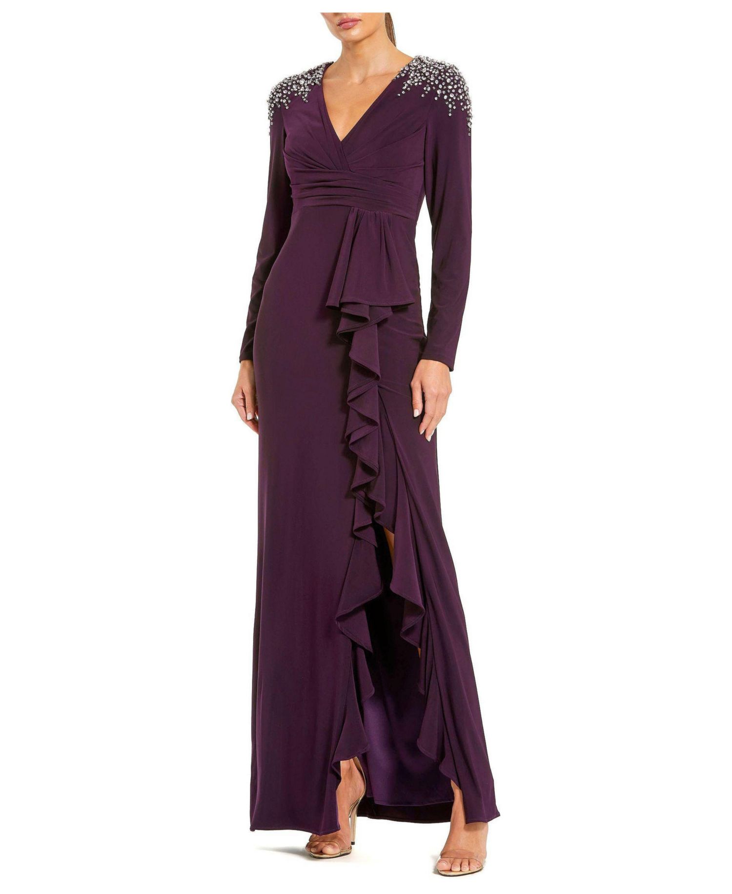 Women's Long Sleeve Gown with Cascading Ruffle and Rhinestone Shoulders