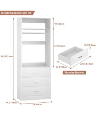 Freestanding 2FT Closet System with 3 Wooden Drawers, 24'' Closet Organizer System with Hanging Rod & Shelves