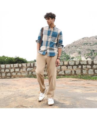 Men's Azure Blue & Off-White Buffalo-Woven Regular Shirt