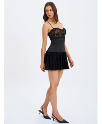Women's Umra Black Contrast Lace Sweetheart Gathered Mini Dress