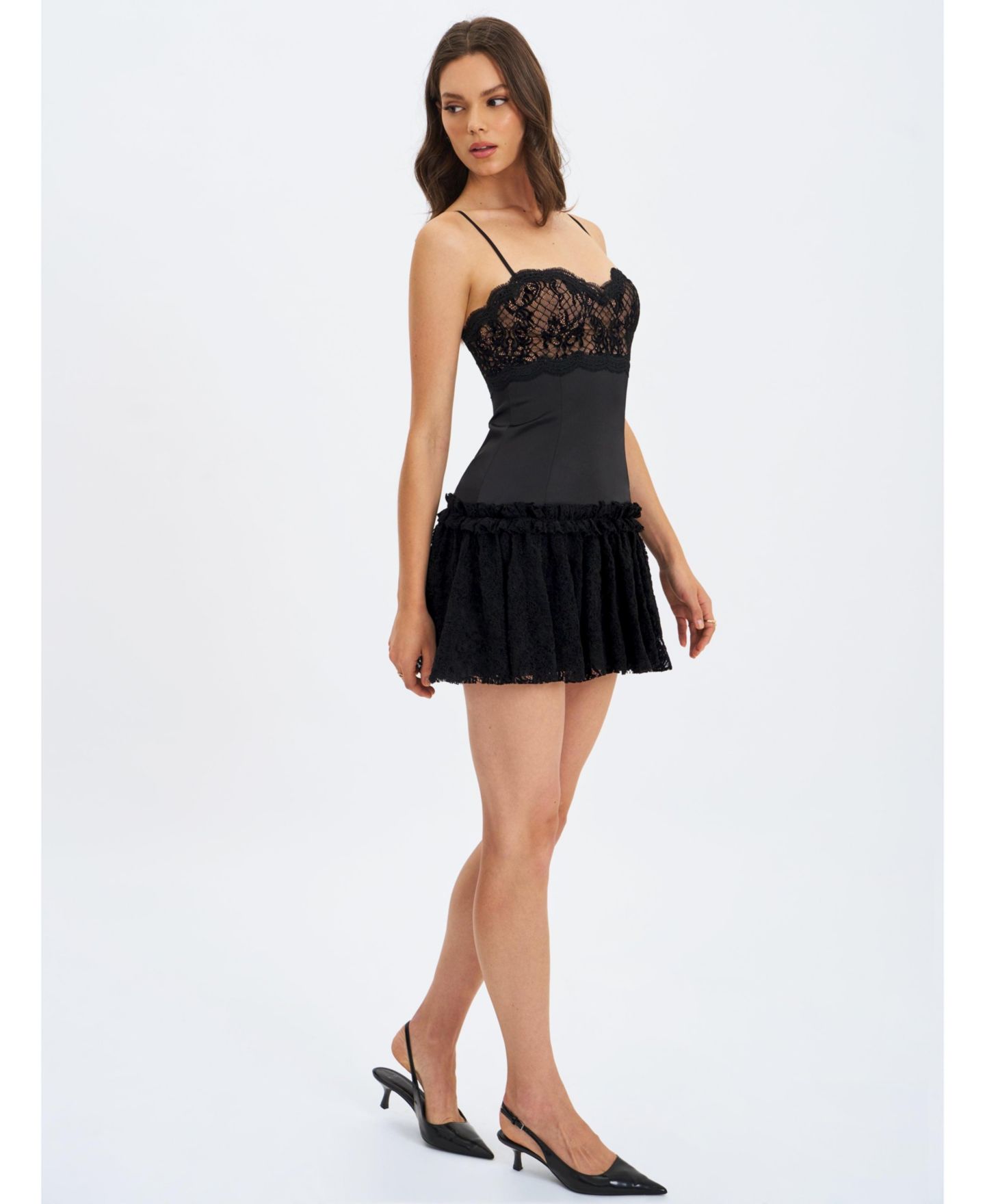 Женское платье Miss Circle Umra Black Contrast Lace Sweetheart Gathered Mini, цвет: Чёрный — фото 7