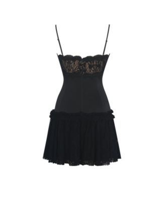 Women's Umra Black Contrast Lace Sweetheart Gathered Mini Dress