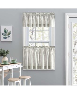 Plaza Classic Ticking Stripe Printed on Natural Ground 1.5" Rod Pocket Tailored Tiers 56" x 36"  Sage