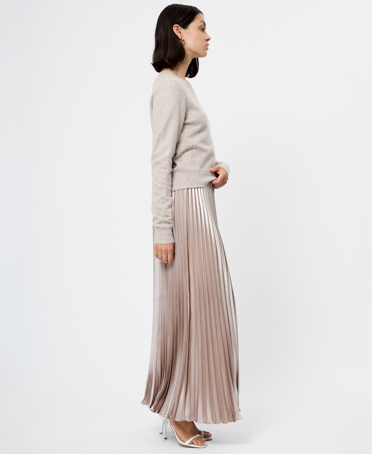 French Connection Marielle Pleated Metallic Satin Maxi Skirt In Neutral