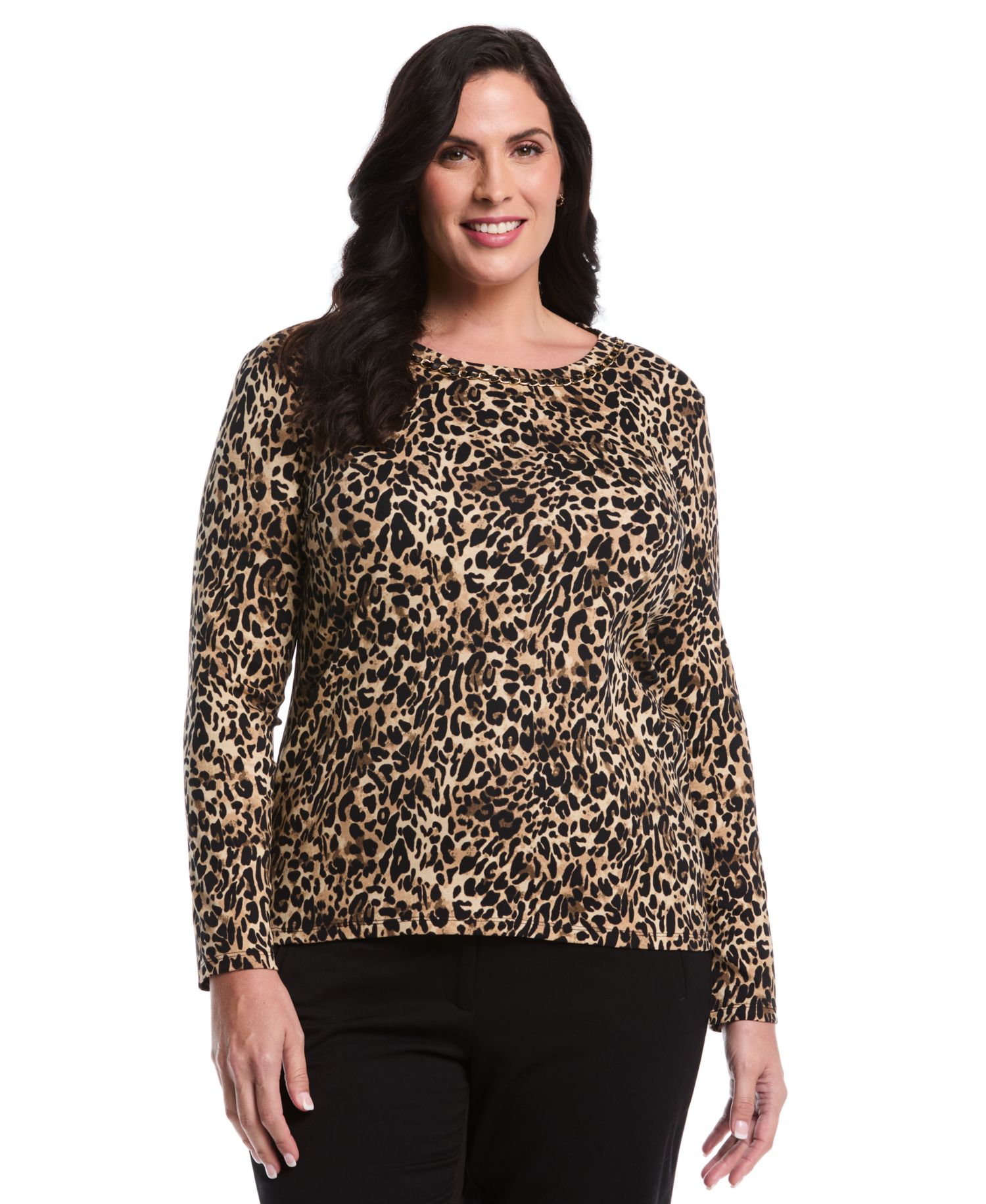 Women's Plus Size Animal Print Chain Neck Detail Long Sleeve Top