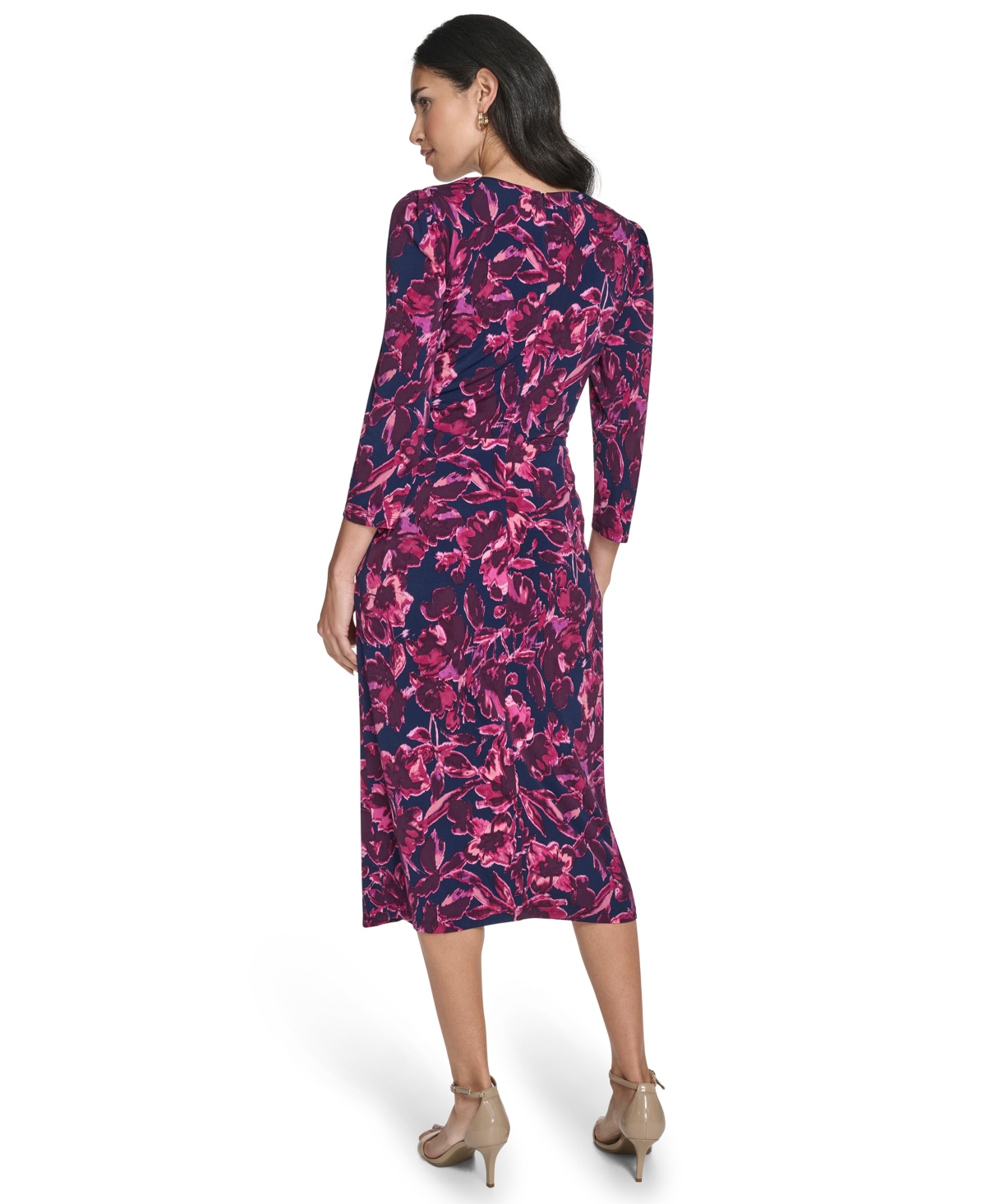 Jessica Howard Women's Puff Shoulder Sleeve Twist Front Midi Dress In Pink