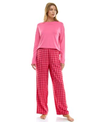 Women's Printed Open Leg Contrast Waistband Flannel Pants