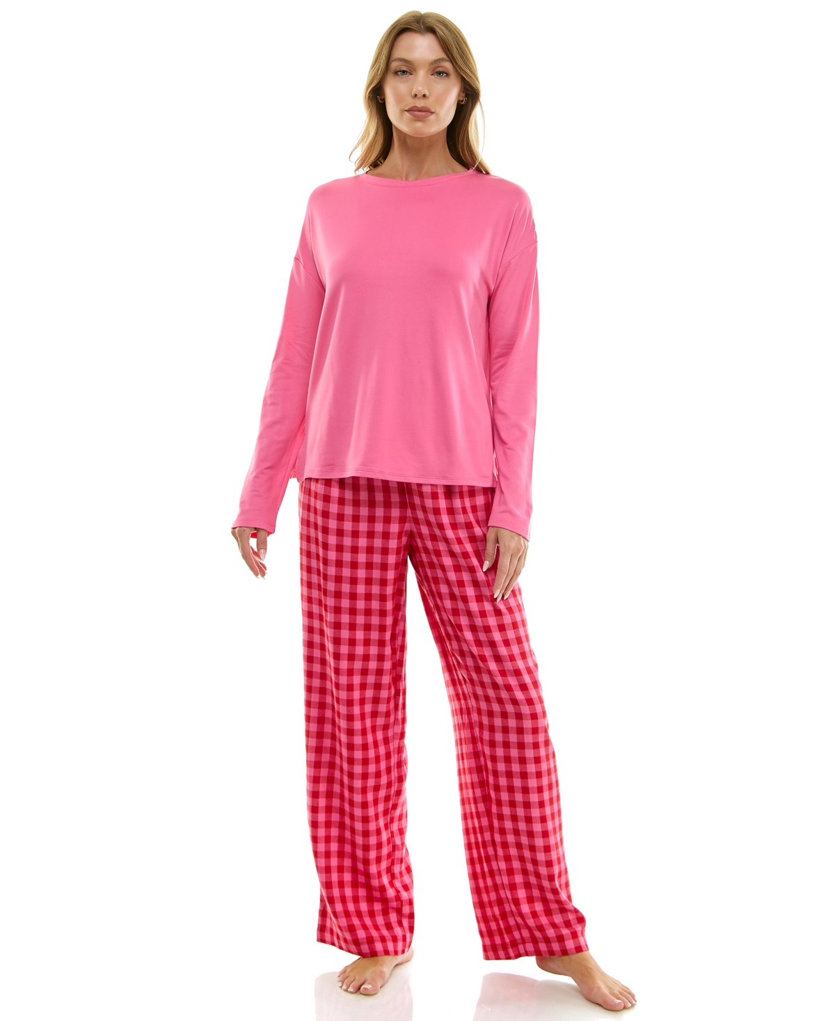 Roudelain Women's Printed Open Leg Contrast Waistband Flannel Pants