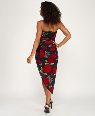 Juniors' Rose Print Strapless Mesh Midi