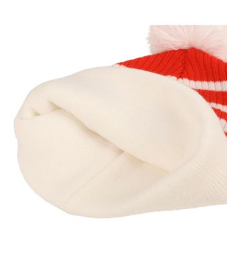 Men's Pokeball Plush Pom, Red And White Stripes Cuff Beanie