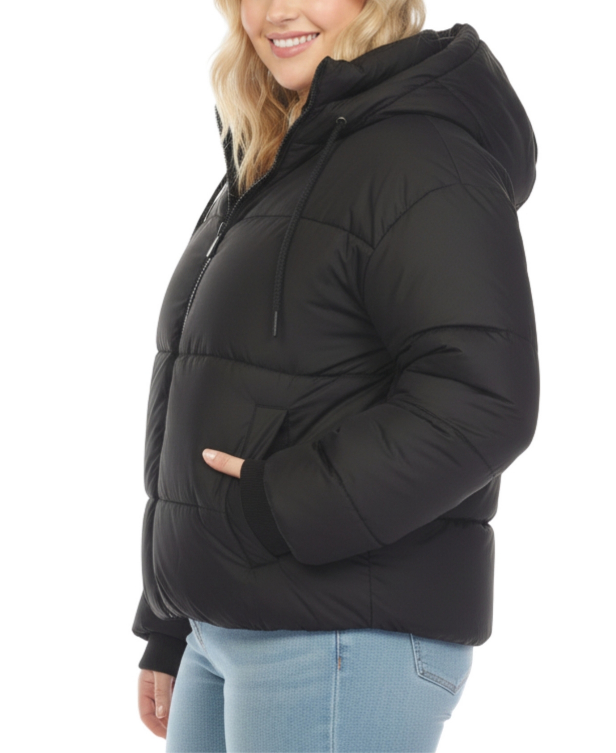 White Mark Plus Size Quilted Puffer Crop Jacket With Hood In Black