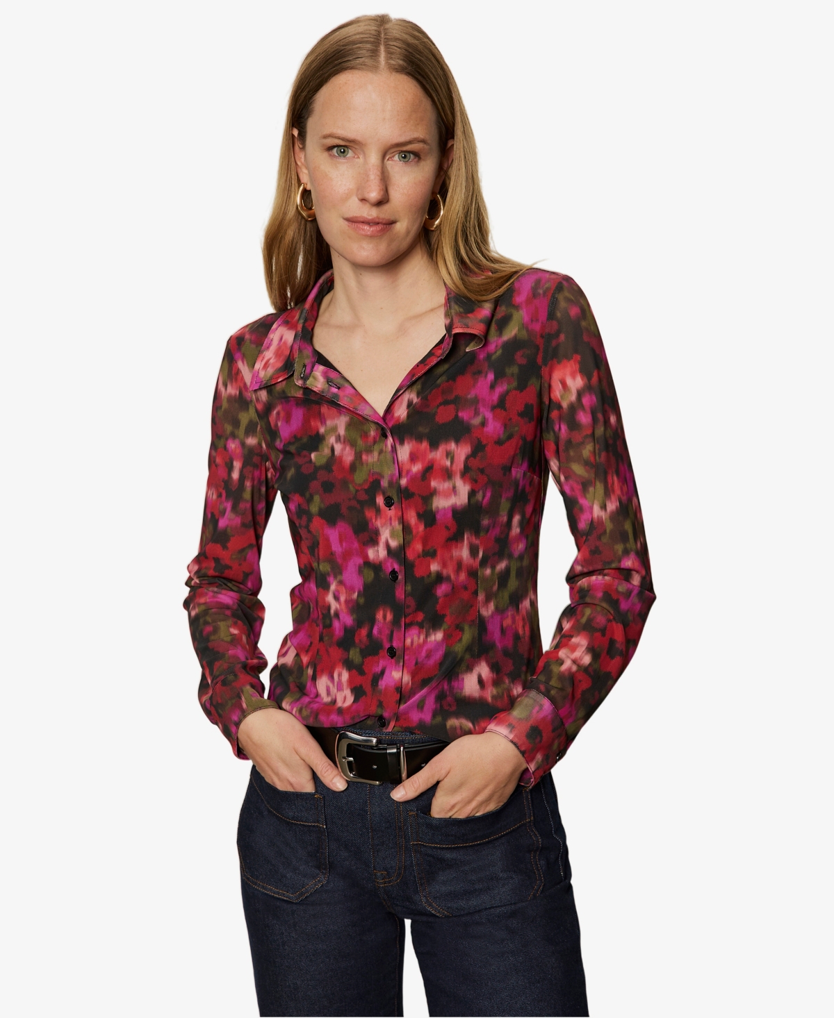 Sanctuary Women's Fitted Mesh Button Down Top