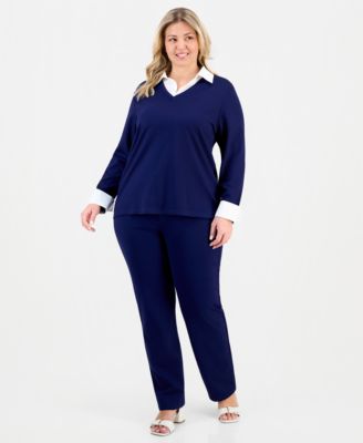 Plus Size Collared V-Neck Knit Top