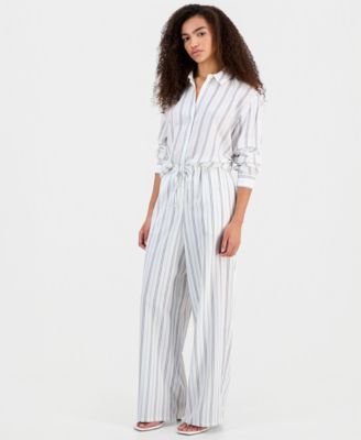 Juniors' Button-Up Shirt & Wide-Leg Drawstring Pants