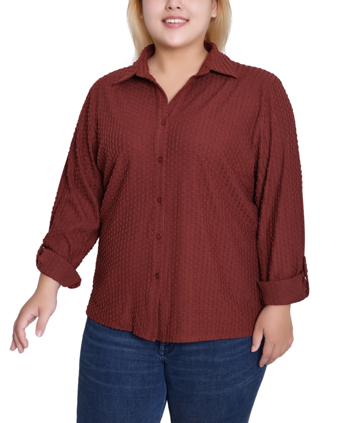Ny Collection Women's Plus Size Long Sleeve Textured Knit Top In Burgundy