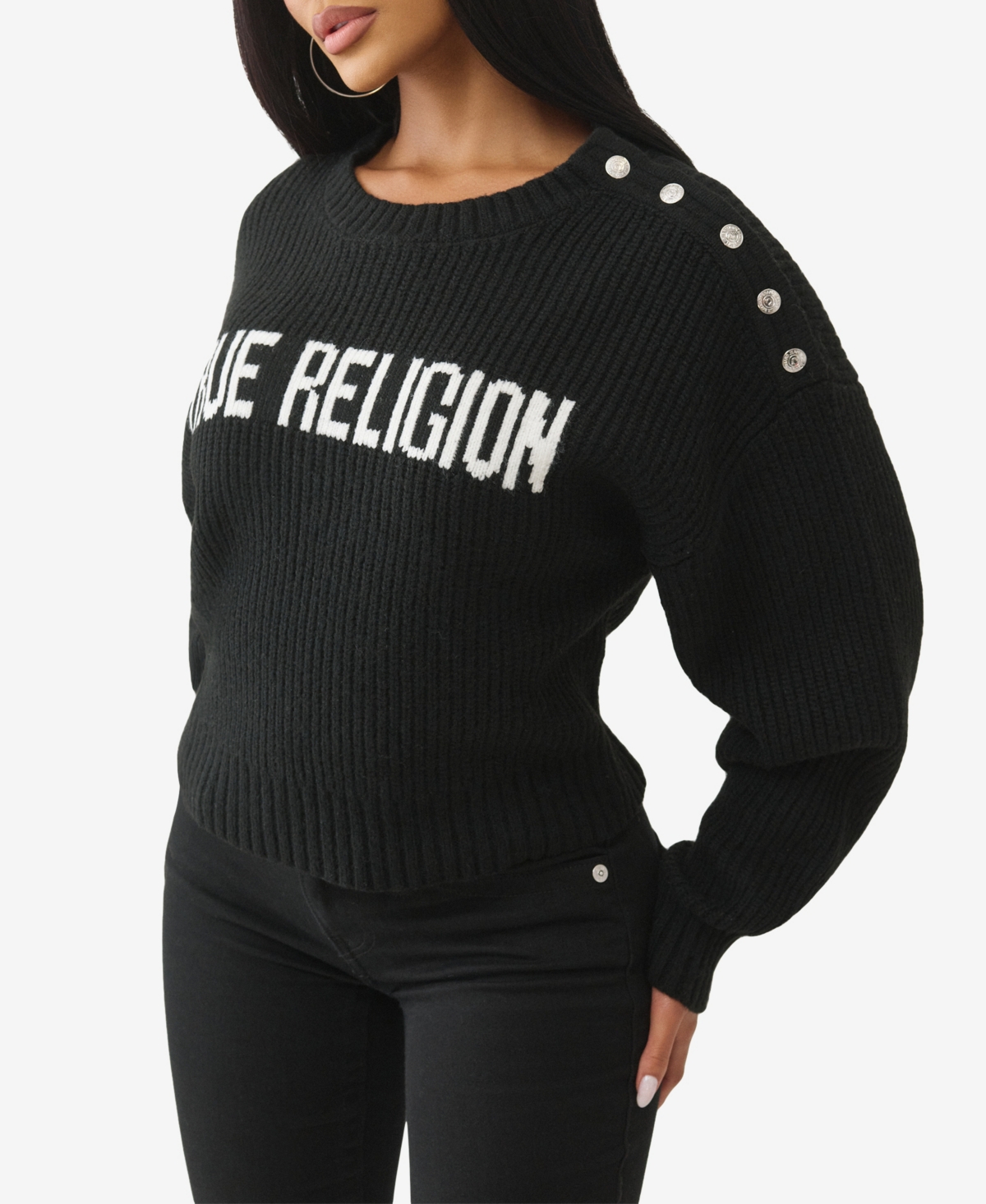 True Religion Women's Logo Off Shoulder Sweater In Black