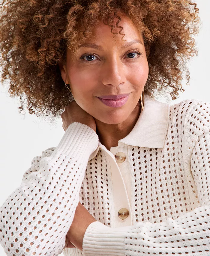 Women's Cotton Open-Stitch Cardigan Sweater - thumbnail 3