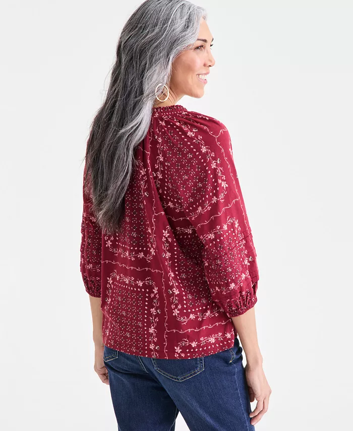 Women's Printed Split-Neck Smocked Knit Top - thumbnail 4