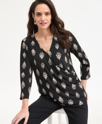 Petite Dani Geo 3/4-Sleeve Knit Dressing Surplice V-Neck Top, Macy's Exclusive