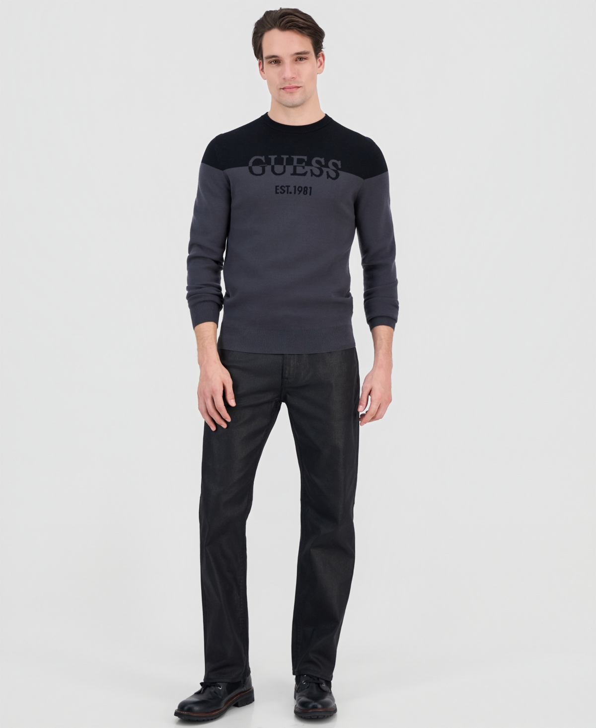 Guess Men's Kantu Two-Tone Crewneck Logo Sweater