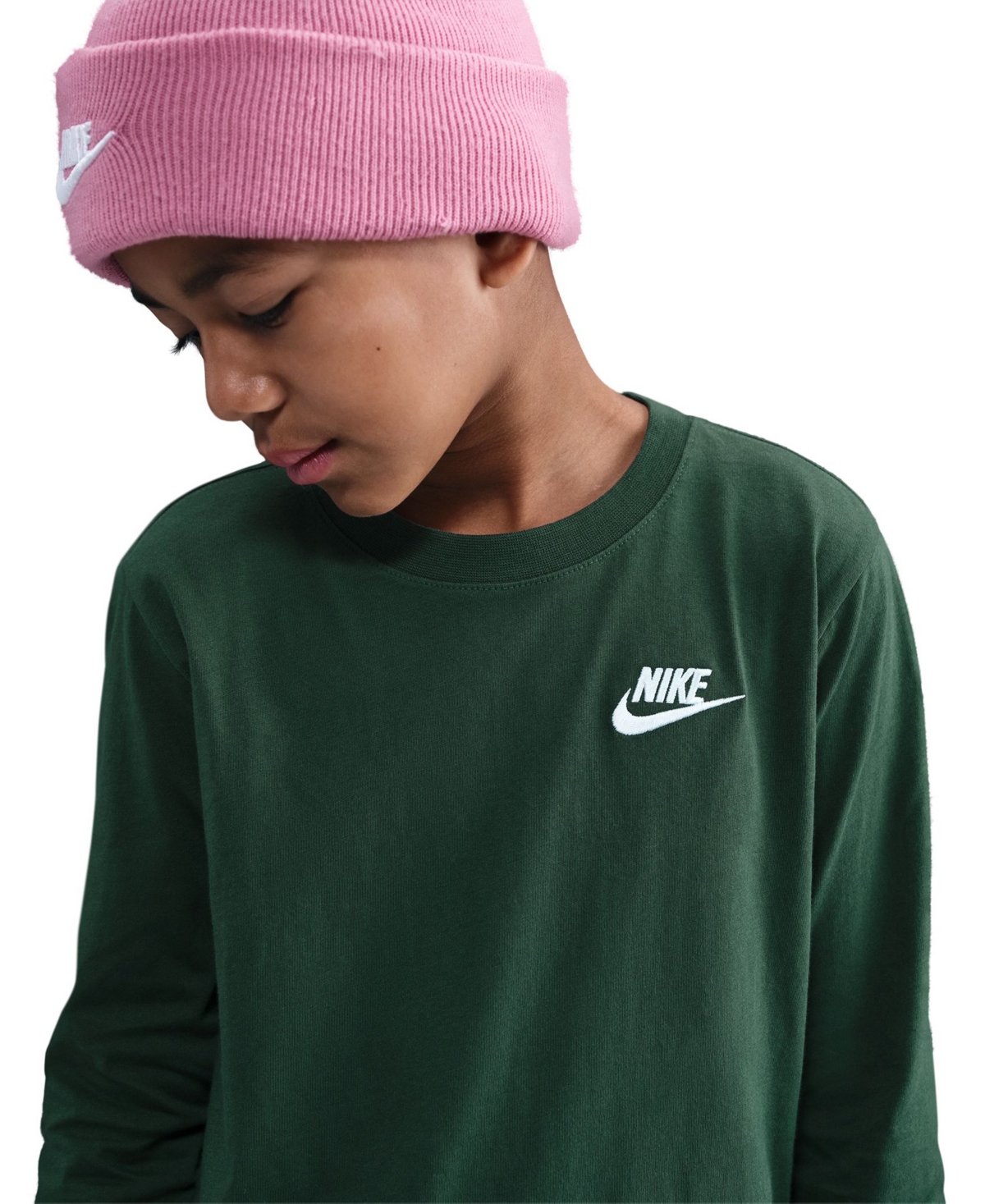 Nike Big Kids Sportswear Logo Embroidered Long-sleeve T-shirt In Green