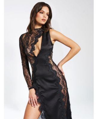 Women's Weslyn Black Satin Lace High Slit Dress
