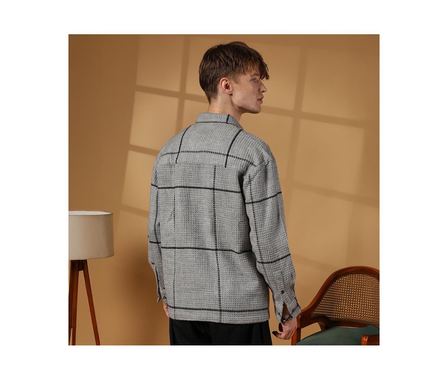 Мужская рубашка Cahoot Campus Sutra Moon Grey Graph-Check Waffle Overshirt, цвет: Серый — фото 3