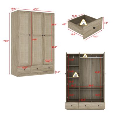 1 Pc Wood Wardrobe 3 Drawers Rattan Doors Hanging Rod Bedroom Armoire Closet Organizer