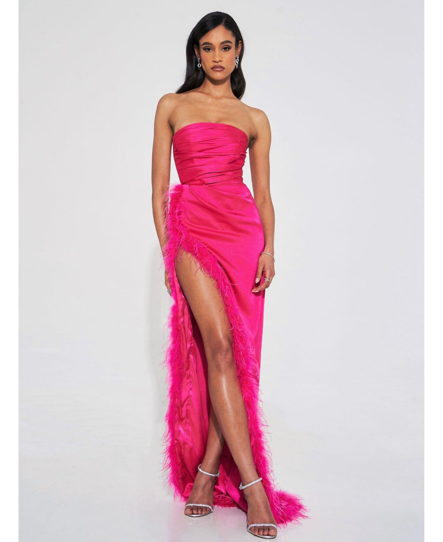 Women's Perrin Fuchsia Pink Feather Dress High Slit Gown