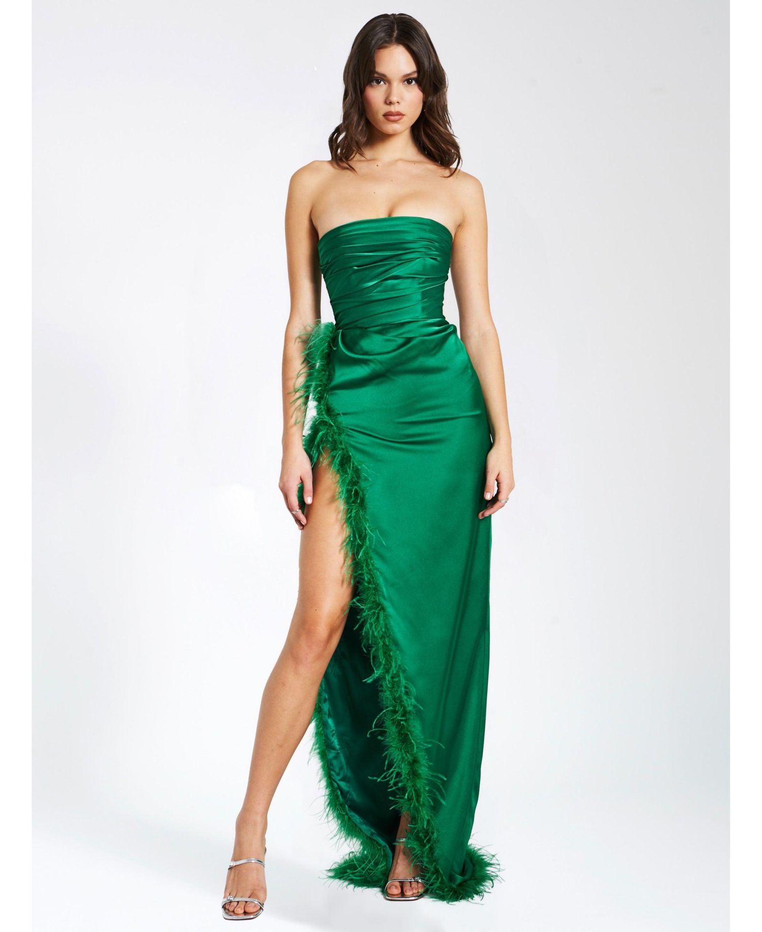 Women's Perrin Emerald Green Feather Dress High Slit Gown