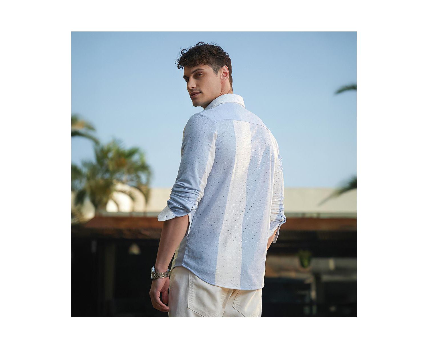 Men's Powder Blue & Daisy White Panel-Tactile Shirt