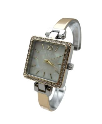 Two Tone Square Face Thin Rhinestone Bezel Bangle Women Watch