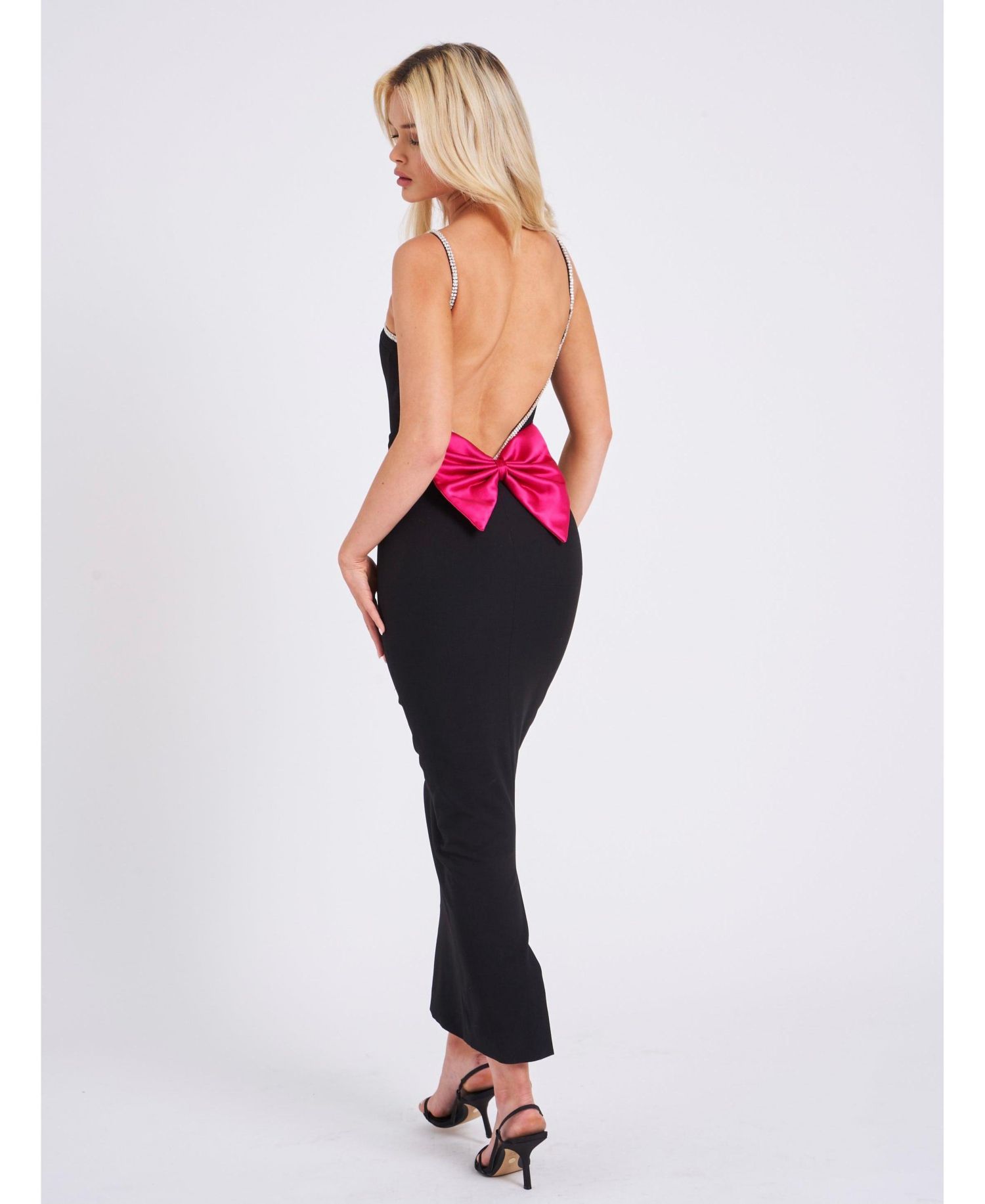 Women's Flore Black Crystal Straps Backless Gown With Bow