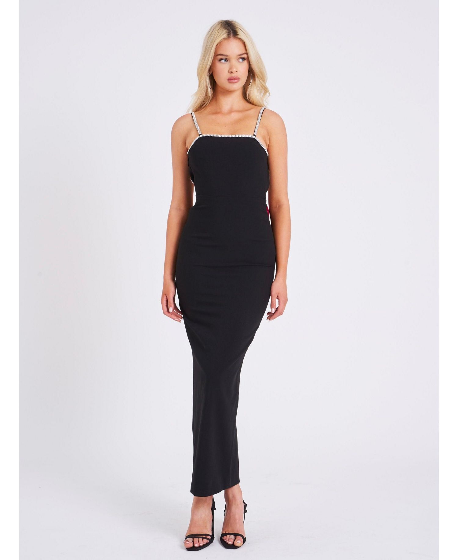 Women's Flore Black Crystal Straps Backless Gown With Bow