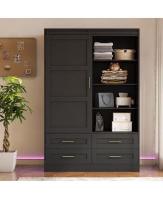 Tall Cabinet Wardrobe Closet Clothing with Hanging Rod Barn Door Drawers Open Shelves
