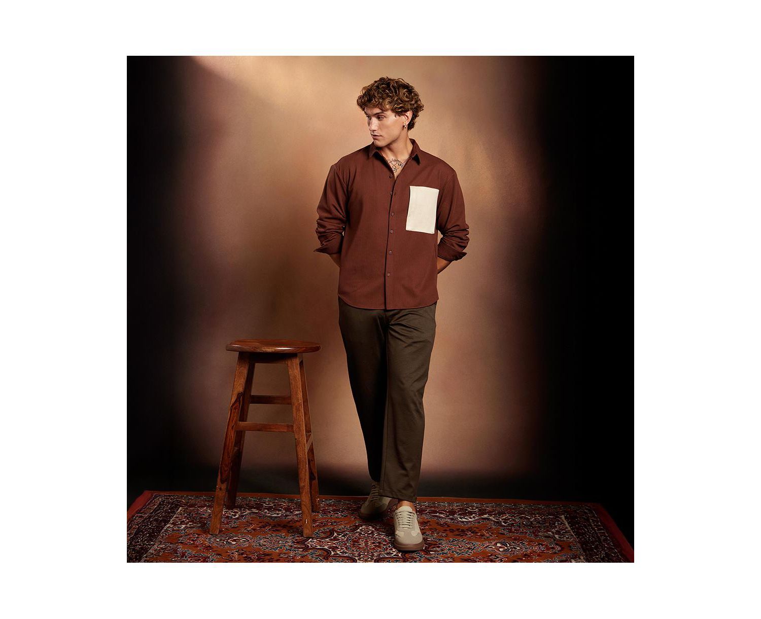 Men's Chocolate Brown Block-Patch Oversized Shirt