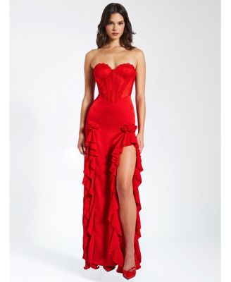 Women's Talia Red Satin Lace Corset Maxi Dress
