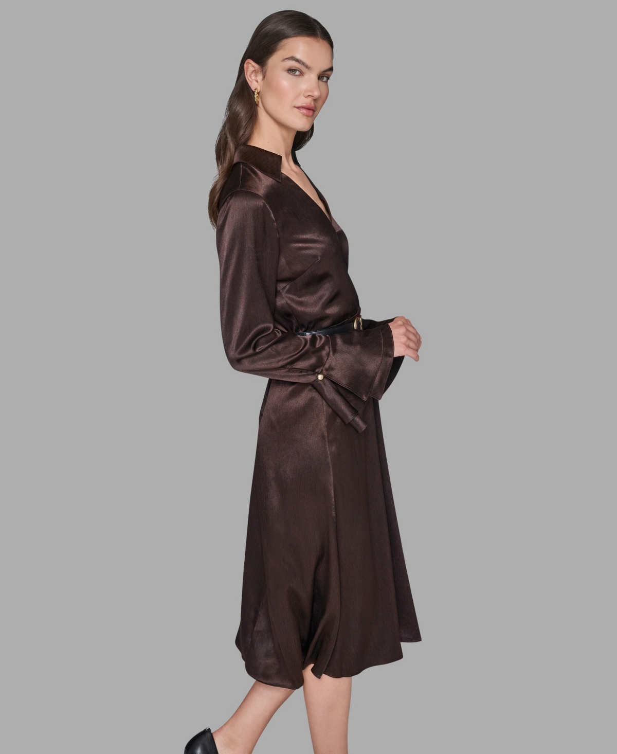 Karl Lagerfeld Women's Crinkle Long Sleeves Midi Dress In Brown