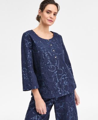 JM Collection - Women's Sequin Eyelet 3/4-Sleeve Top