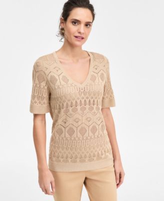 JM Collection - Women's Short-Sleeve Pointelle V-Neck Sweater
